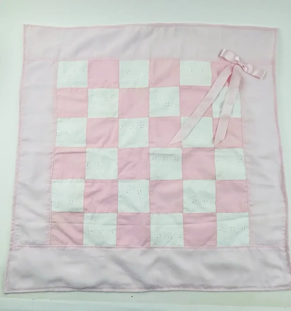 Pink Quilted Blanket Wall Hanging Handmade Country Cottage Baby Bow Eyelet Lace
